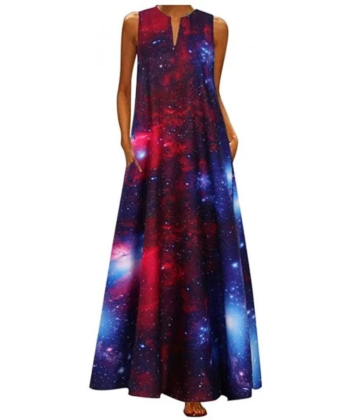 Cover-Ups Women Elegant Party Plus Size Starry Sky Print Daily Casual Sleeveless V Neck Vintage Bohemian Beach Maxi Long Dres...