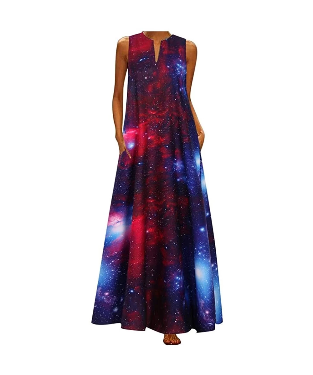 Cover-Ups Women Elegant Party Plus Size Starry Sky Print Daily Casual Sleeveless V Neck Vintage Bohemian Beach Maxi Long Dres...