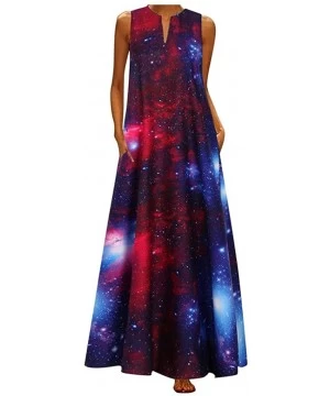 Cover-Ups Women Elegant Party Plus Size Starry Sky Print Daily Casual Sleeveless V Neck Vintage Bohemian Beach Maxi Long Dres...