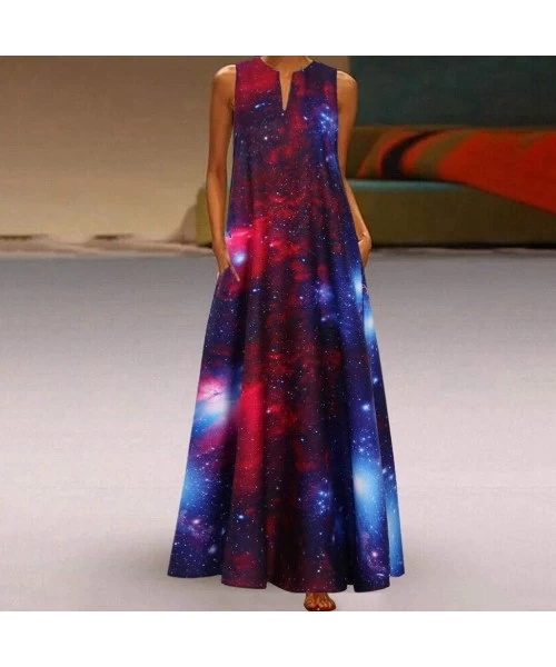 Cover-Ups Women Elegant Party Plus Size Starry Sky Print Daily Casual Sleeveless V Neck Vintage Bohemian Beach Maxi Long Dres...