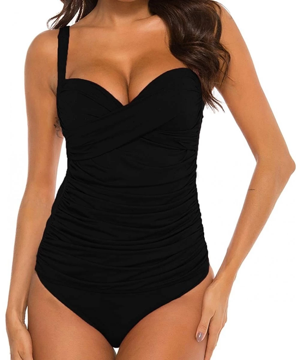 One-Pieces Adjustable Halter Bathing Suit Front Cross One Piece Swimsuits Tummy Control Swimwear Monokini Black - CZ192UWMG4K