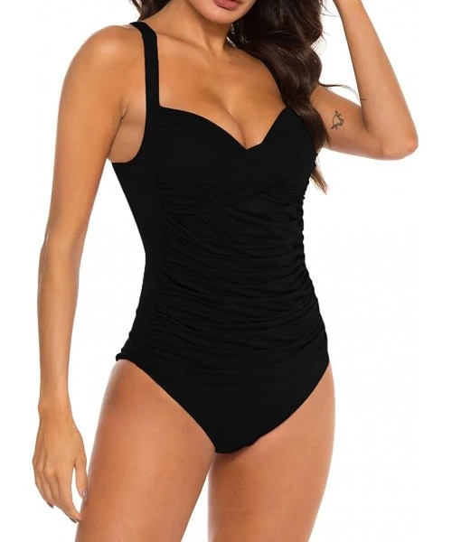 One-Pieces Adjustable Halter Bathing Suit Front Cross One Piece Swimsuits Tummy Control Swimwear Monokini Black - CZ192UWMG4K