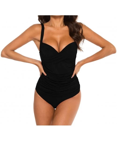 One-Pieces Adjustable Halter Bathing Suit Front Cross One Piece Swimsuits Tummy Control Swimwear Monokini Black - CZ192UWMG4K