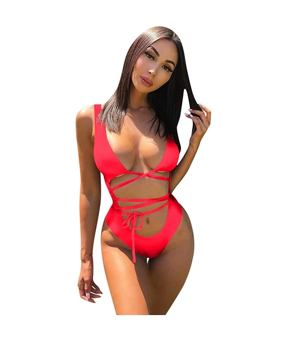 One-Pieces Women Sexy Hollow Out One Piece Swimsuit Monokini Scoop Neck Lace Up High Cut Bathing Suit Swimwear - Red - C3193Z...