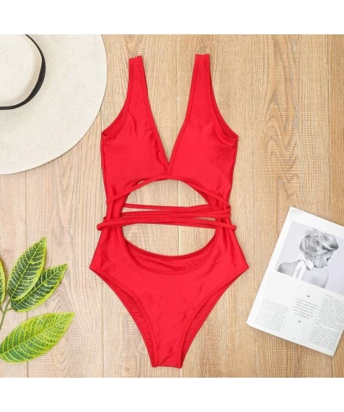 One-Pieces Women Sexy Hollow Out One Piece Swimsuit Monokini Scoop Neck Lace Up High Cut Bathing Suit Swimwear - Red - C3193Z...