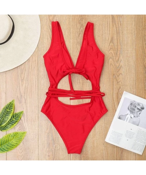 One-Pieces Women Sexy Hollow Out One Piece Swimsuit Monokini Scoop Neck Lace Up High Cut Bathing Suit Swimwear - Red - C3193Z...