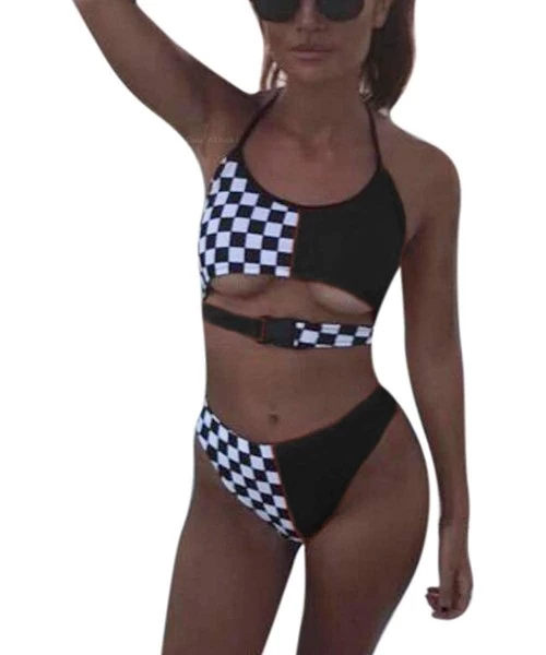 Sets Women Rave Festival Checkered Buckle Crop Top Bikini Bathing Suit Two Pieces Swimsuit for Dance Clubwear Clothing Black ...