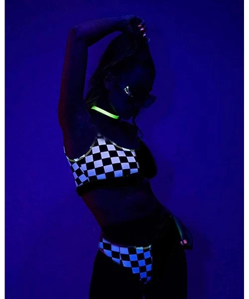 Sets Women Rave Festival Checkered Buckle Crop Top Bikini Bathing Suit Two Pieces Swimsuit for Dance Clubwear Clothing Black ...