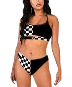 Sets Women Rave Festival Checkered Buckle Crop Top Bikini Bathing Suit Two Pieces Swimsuit for Dance Clubwear Clothing Black ...