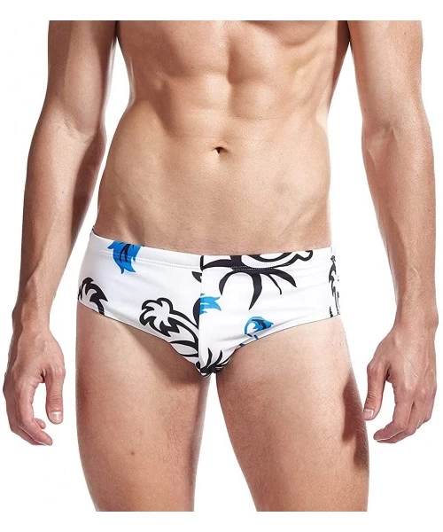 Briefs Mens Swim Briefs Swimwear Bikinis Beach Surf Bathing Suits with Drawstring Swimsuit - Print White - CN196NGD7X4