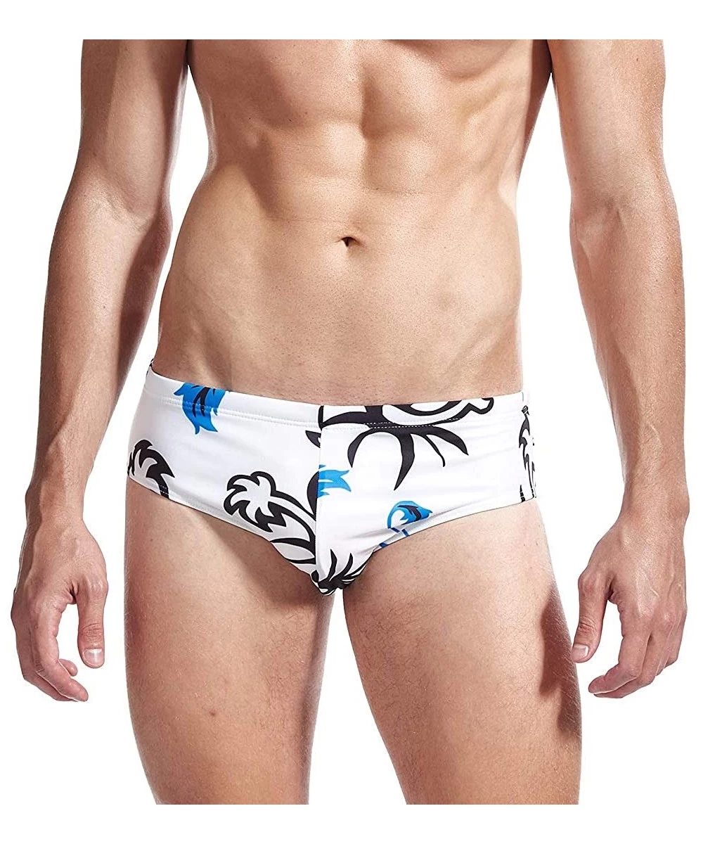 Briefs Mens Swim Briefs Swimwear Bikinis Beach Surf Bathing Suits with Drawstring Swimsuit - Print White - CN196NGD7X4