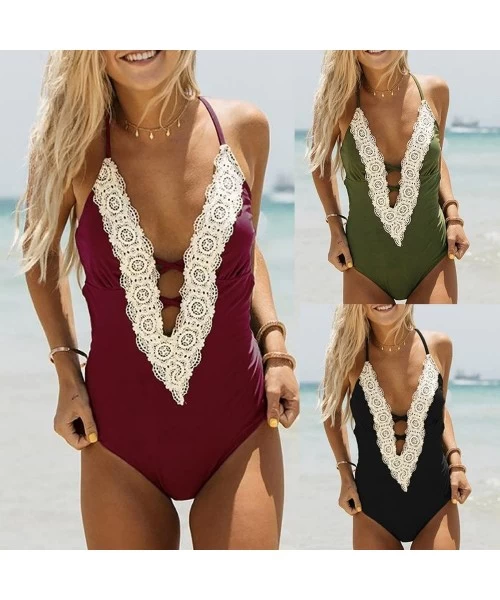 One-Pieces Swimsuits for Women One Piece-Women's Ladies Vintage Sexy Lace Bikini Sets V Neck High Waisted Beach Swimwear Bath...