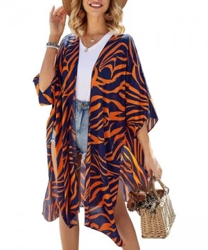 Cover-Ups Women's Floral Long Kimono Flowy Cardigan Loose Swimwear Open Front Casual Cover Up Tops - Navy - CO193TI2CXD