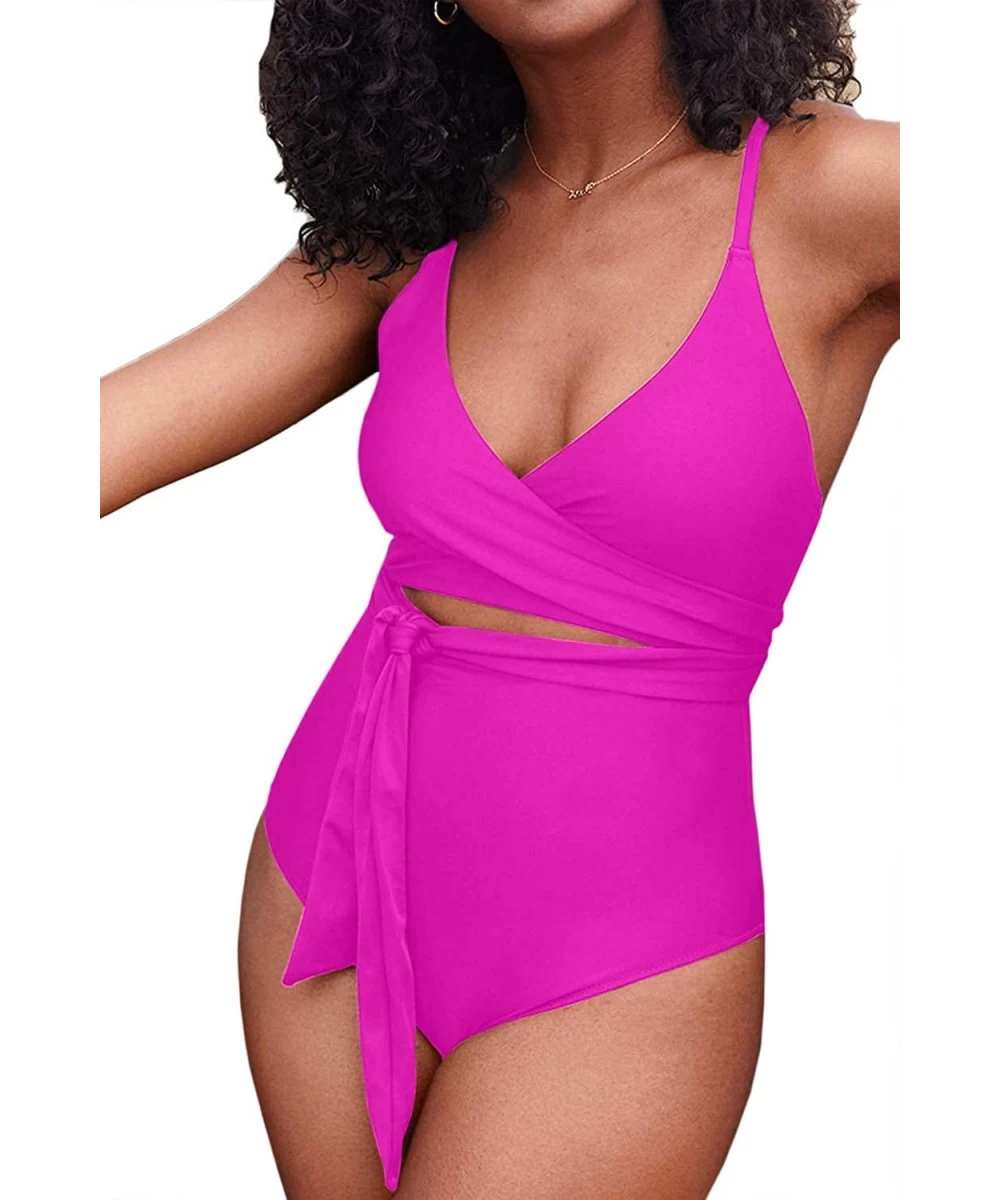 One-Pieces Women Criss Cross Tie Knot One Piece Swimsuits High Waisted Tummy Control Bathing Suit - Rosy - CW1943KXLXW