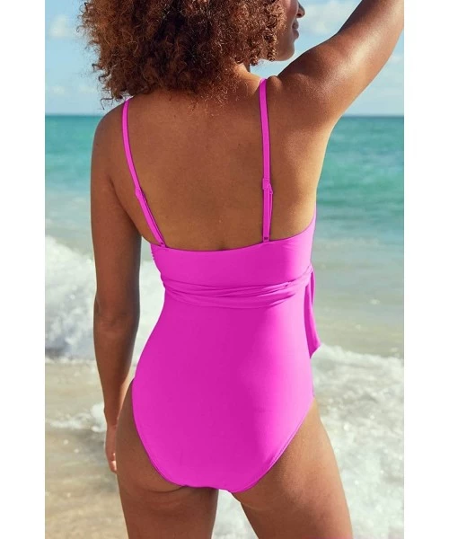 One-Pieces Women Criss Cross Tie Knot One Piece Swimsuits High Waisted Tummy Control Bathing Suit - Rosy - CW1943KXLXW