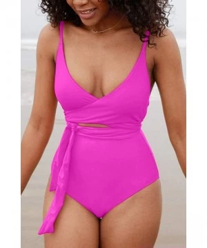 One-Pieces Women Criss Cross Tie Knot One Piece Swimsuits High Waisted Tummy Control Bathing Suit - Rosy - CW1943KXLXW