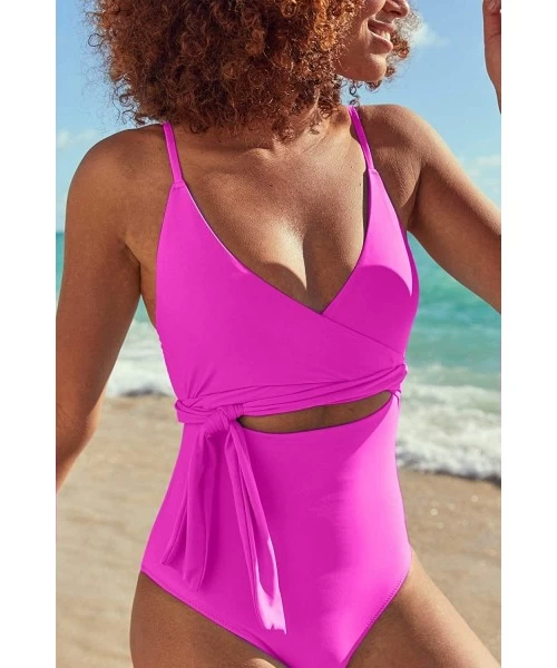 One-Pieces Women Criss Cross Tie Knot One Piece Swimsuits High Waisted Tummy Control Bathing Suit - Rosy - CW1943KXLXW