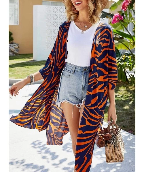 Cover-Ups Women's Floral Long Kimono Flowy Cardigan Loose Swimwear Open Front Casual Cover Up Tops - Navy - CO193TI2CXD