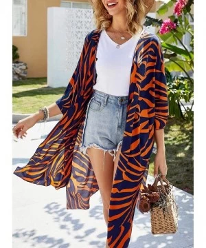 Cover-Ups Women's Floral Long Kimono Flowy Cardigan Loose Swimwear Open Front Casual Cover Up Tops - Navy - CO193TI2CXD