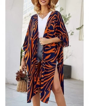 Cover-Ups Women's Floral Long Kimono Flowy Cardigan Loose Swimwear Open Front Casual Cover Up Tops - Navy - CO193TI2CXD