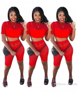 Sets Women Hollow Long Sleeve Transparent Mesh Fishnet Crop Top Bodycon Shorts Set Bikini Cover Up Lingerie Set A red - CT18S...