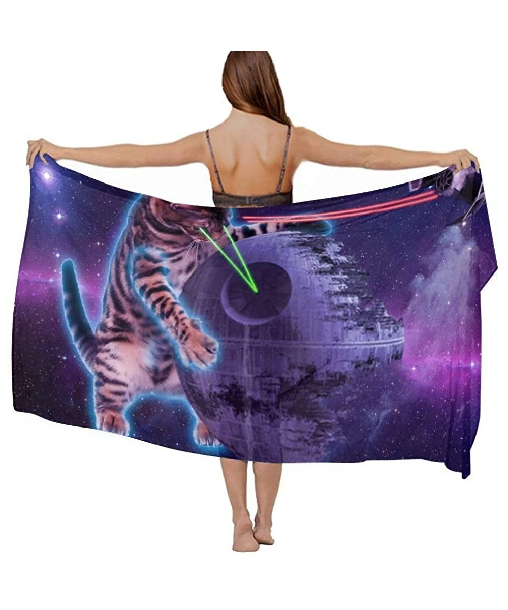 Cover-Ups Women Fashion Shawl Wrap Summer Vacation Beach Towels Swimsuit Cover Up - Space Laser Cat Purple - CD190TSLY7E