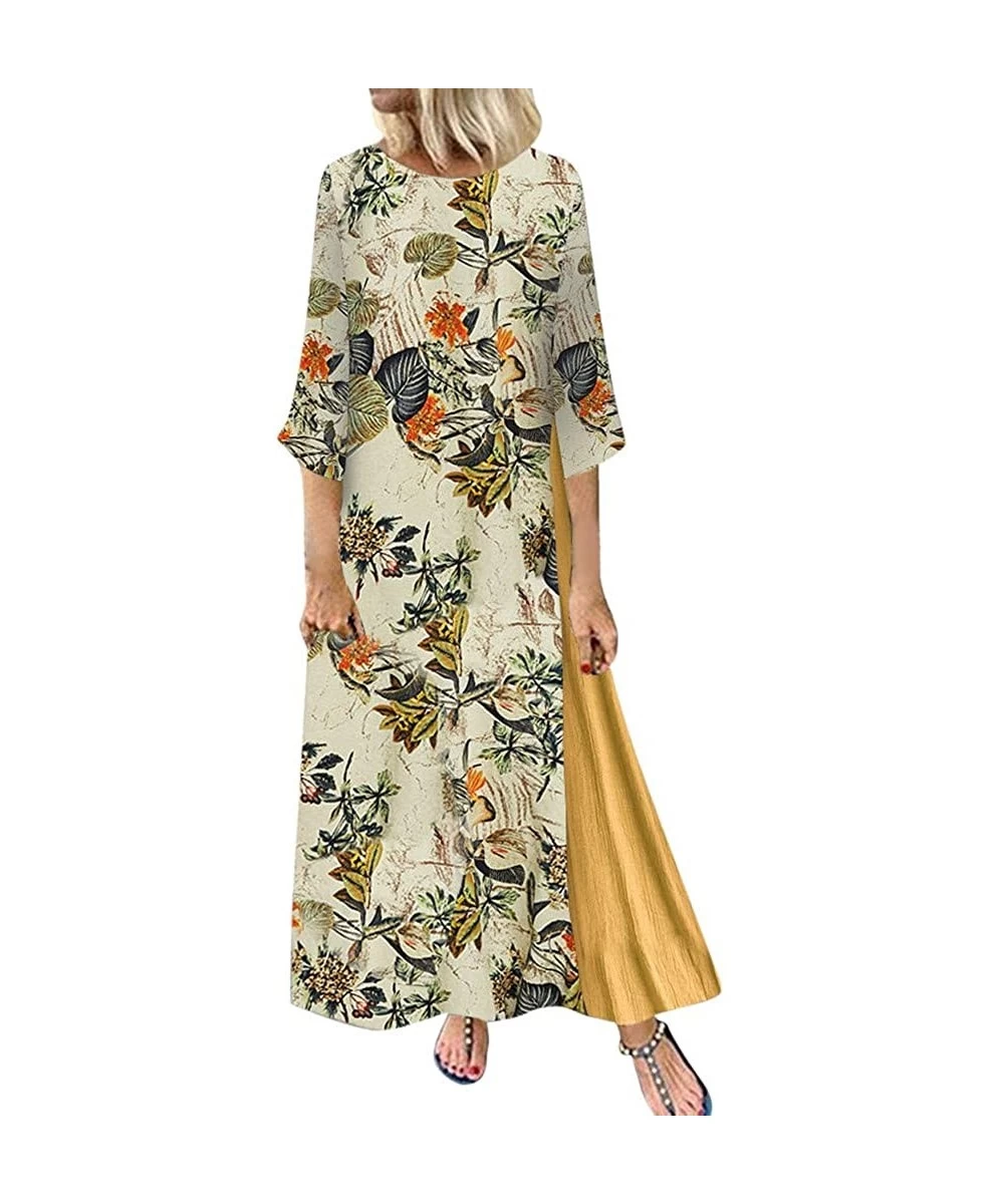 Racing Women Dress Boho Printed Patchwork 3/4 Sleeves O-Neck Button Low Hem Plus Size Dress Summer Casual Loose Maxi Dress - ...