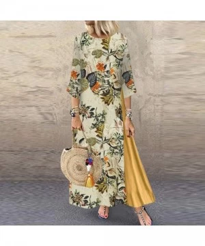 Racing Women Dress Boho Printed Patchwork 3/4 Sleeves O-Neck Button Low Hem Plus Size Dress Summer Casual Loose Maxi Dress - ...