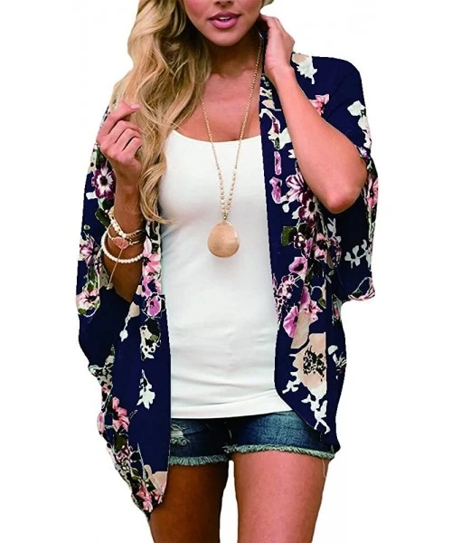 Cover-Ups Women Chiffon Swimsuit Cover Ups Floral Kimono Casual Loose Open Front Cardigan - Blue - CF18TLS9M4U