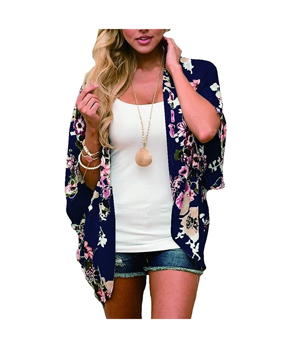 Cover-Ups Women Chiffon Swimsuit Cover Ups Floral Kimono Casual Loose Open Front Cardigan - Blue - CF18TLS9M4U