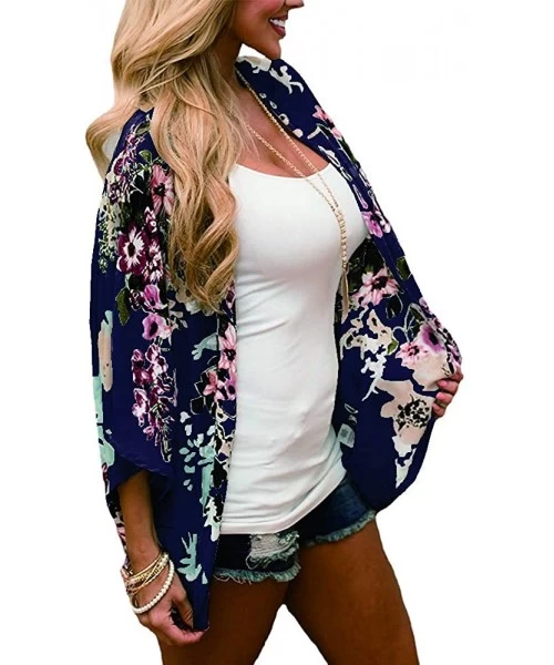 Cover-Ups Women Chiffon Swimsuit Cover Ups Floral Kimono Casual Loose Open Front Cardigan - Blue - CF18TLS9M4U