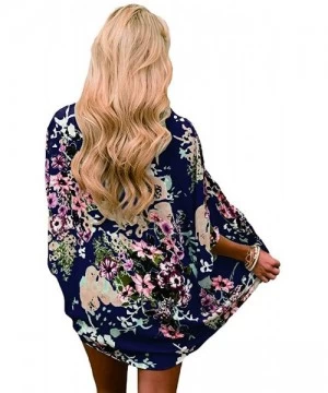 Cover-Ups Women Chiffon Swimsuit Cover Ups Floral Kimono Casual Loose Open Front Cardigan - Blue - CF18TLS9M4U