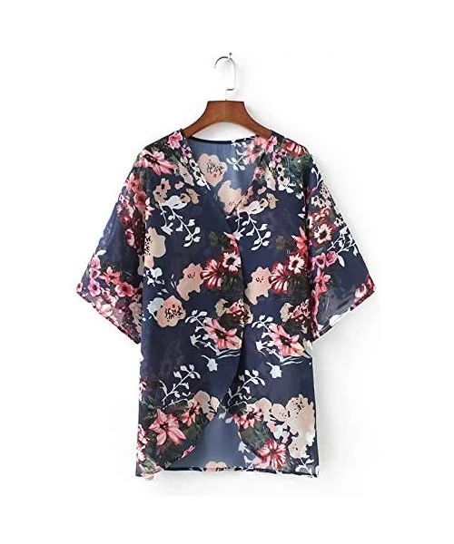 Cover-Ups Women Chiffon Swimsuit Cover Ups Floral Kimono Casual Loose Open Front Cardigan - Blue - CF18TLS9M4U