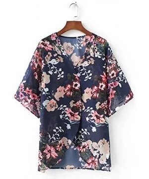 Cover-Ups Women Chiffon Swimsuit Cover Ups Floral Kimono Casual Loose Open Front Cardigan - Blue - CF18TLS9M4U