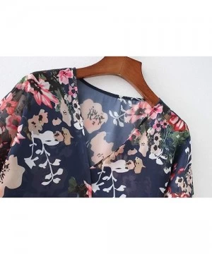 Cover-Ups Women Chiffon Swimsuit Cover Ups Floral Kimono Casual Loose Open Front Cardigan - Blue - CF18TLS9M4U