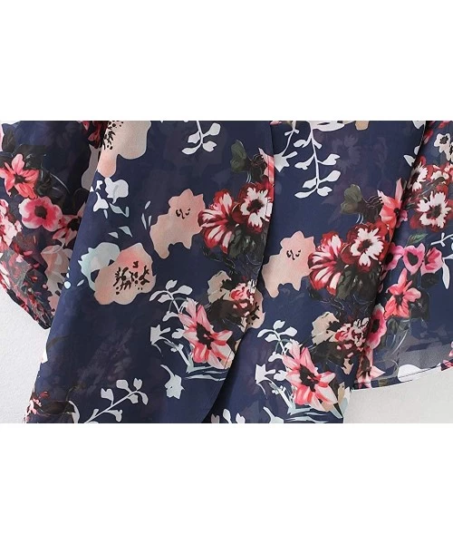 Cover-Ups Women Chiffon Swimsuit Cover Ups Floral Kimono Casual Loose Open Front Cardigan - Blue - CF18TLS9M4U