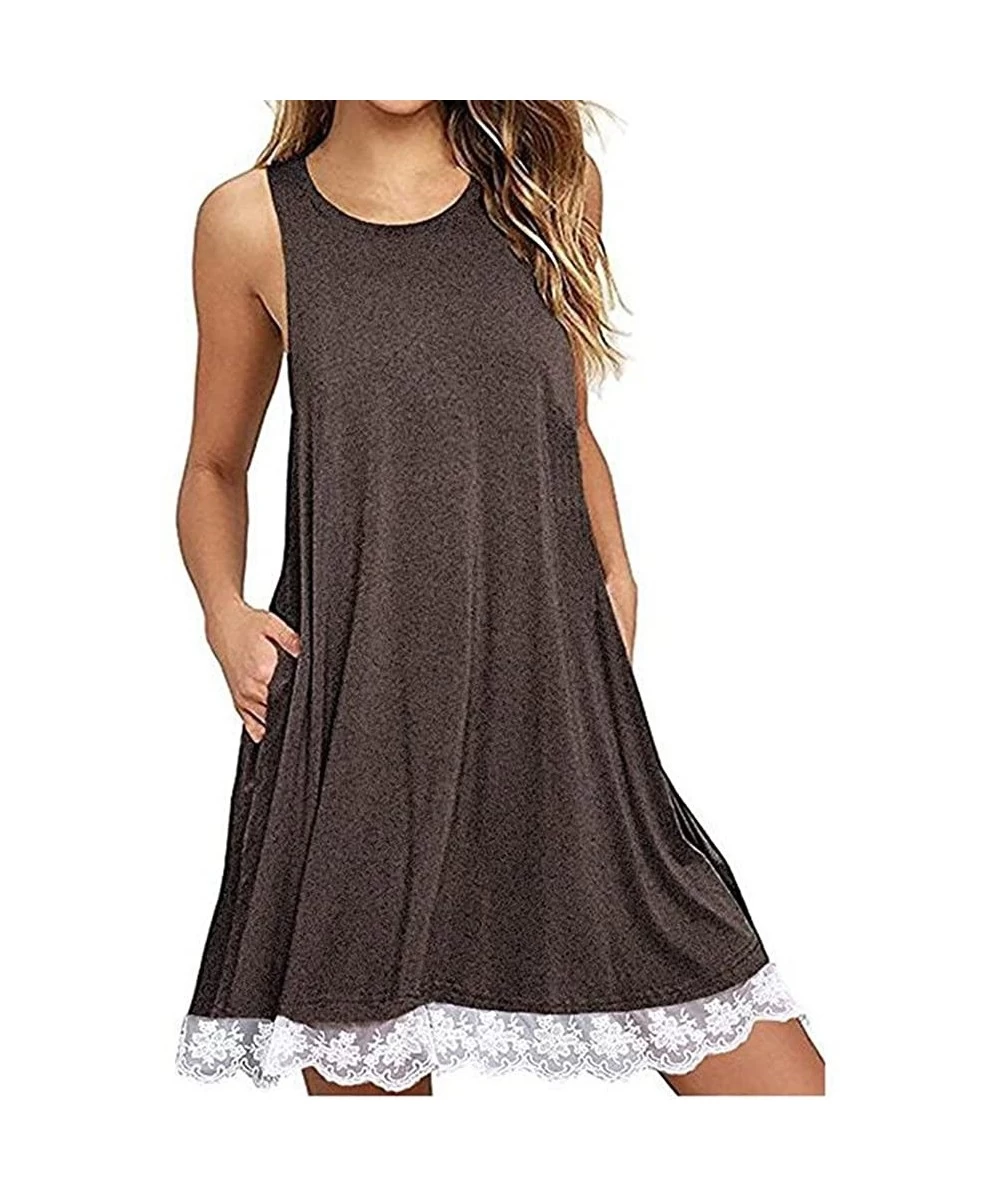 Cover-Ups Women Summer Casual T Shirt Dresses Beach Cover up Plain Dress Loose Swing Dress Pockets - F_coffee - CY1959GINNX