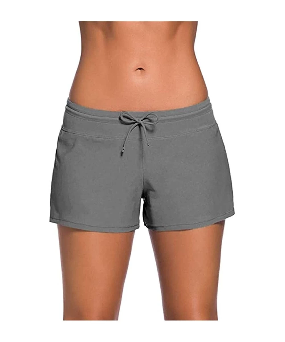 Bottoms Women's Solid Swimming Shorts Swimsuit Bottom Stretchy Pants Panty Drawstring - Grey - CF19CIU9G6C