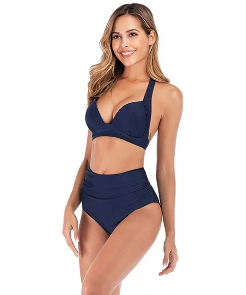 Sets Women's Swimsuit High Waist 2 Piece Strappy Neck Padded High Cut Push Up Bikini Set Bathing Suit - Blue - CD194ESWZG5