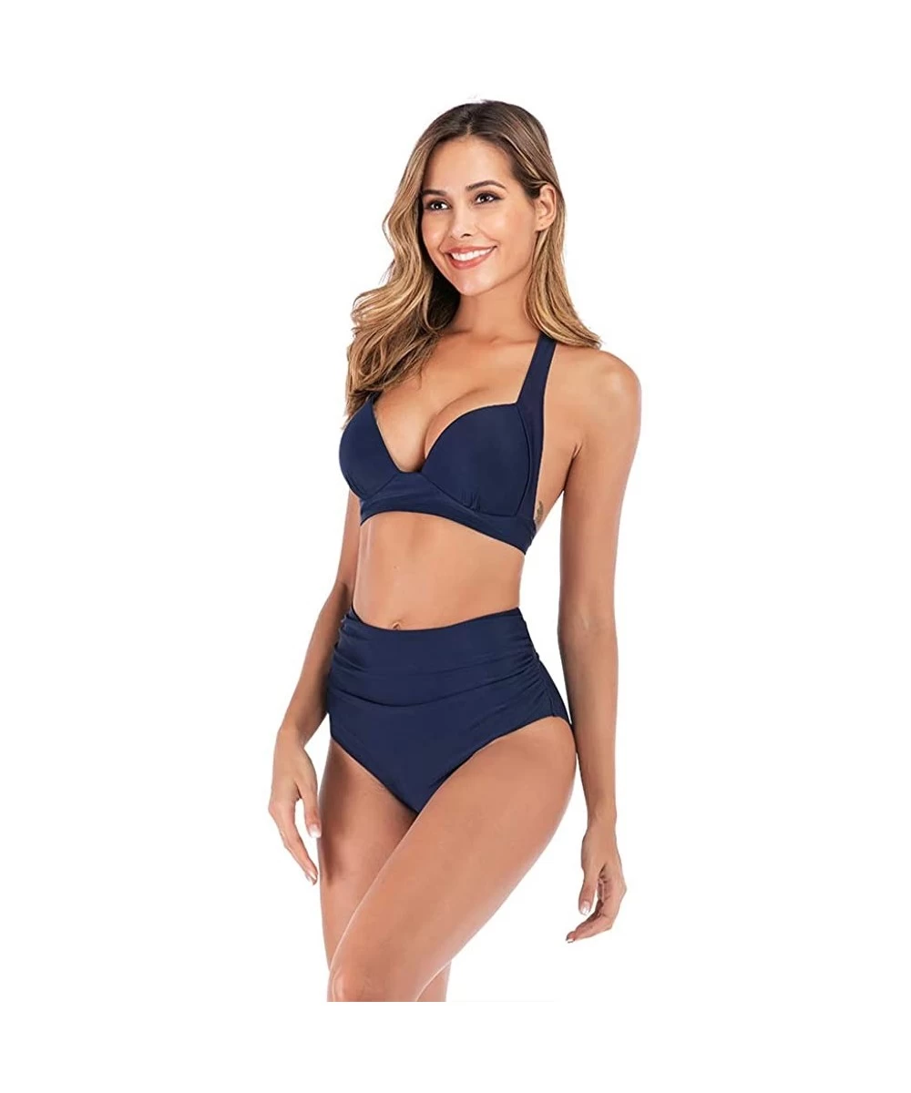 Sets Women's Swimsuit High Waist 2 Piece Strappy Neck Padded High Cut Push Up Bikini Set Bathing Suit - Blue - CD194ESWZG5