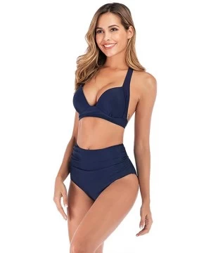 Sets Women's Swimsuit High Waist 2 Piece Strappy Neck Padded High Cut Push Up Bikini Set Bathing Suit - Blue - CD194ESWZG5