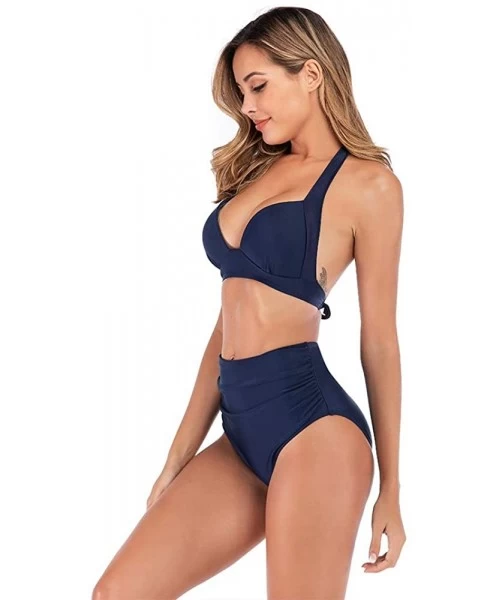 Sets Women's Swimsuit High Waist 2 Piece Strappy Neck Padded High Cut Push Up Bikini Set Bathing Suit - Blue - CD194ESWZG5