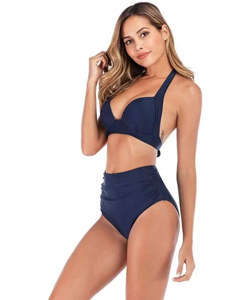 Sets Women's Swimsuit High Waist 2 Piece Strappy Neck Padded High Cut Push Up Bikini Set Bathing Suit - Blue - CD194ESWZG5