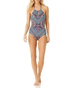 One-Pieces Women's High Neck One Piece Swim - Medallion Wrap Multi Stripe - C918KH5DWOE