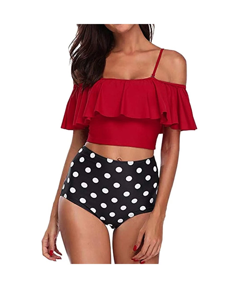 Sets Women Two Piece Swimsuits Tankinis Swimwear Off Shoulder Ruffled Crop Bikini Top with High Waist Boho Print Bottoms Red ...