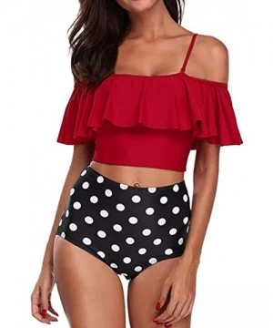 Sets Women Two Piece Swimsuits Tankinis Swimwear Off Shoulder Ruffled Crop Bikini Top with High Waist Boho Print Bottoms Red ...