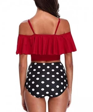 Sets Women Two Piece Swimsuits Tankinis Swimwear Off Shoulder Ruffled Crop Bikini Top with High Waist Boho Print Bottoms Red ...