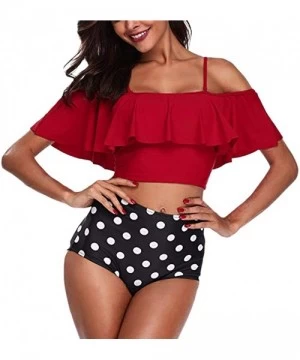 Sets Women Two Piece Swimsuits Tankinis Swimwear Off Shoulder Ruffled Crop Bikini Top with High Waist Boho Print Bottoms Red ...