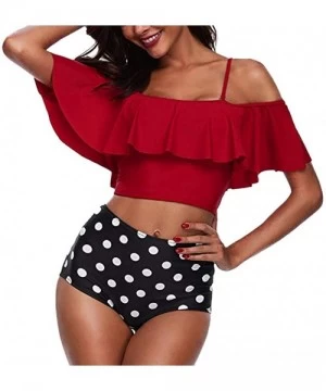 Sets Women Two Piece Swimsuits Tankinis Swimwear Off Shoulder Ruffled Crop Bikini Top with High Waist Boho Print Bottoms Red ...