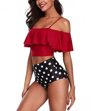 Sets Women Two Piece Swimsuits Tankinis Swimwear Off Shoulder Ruffled Crop Bikini Top with High Waist Boho Print Bottoms Red ...